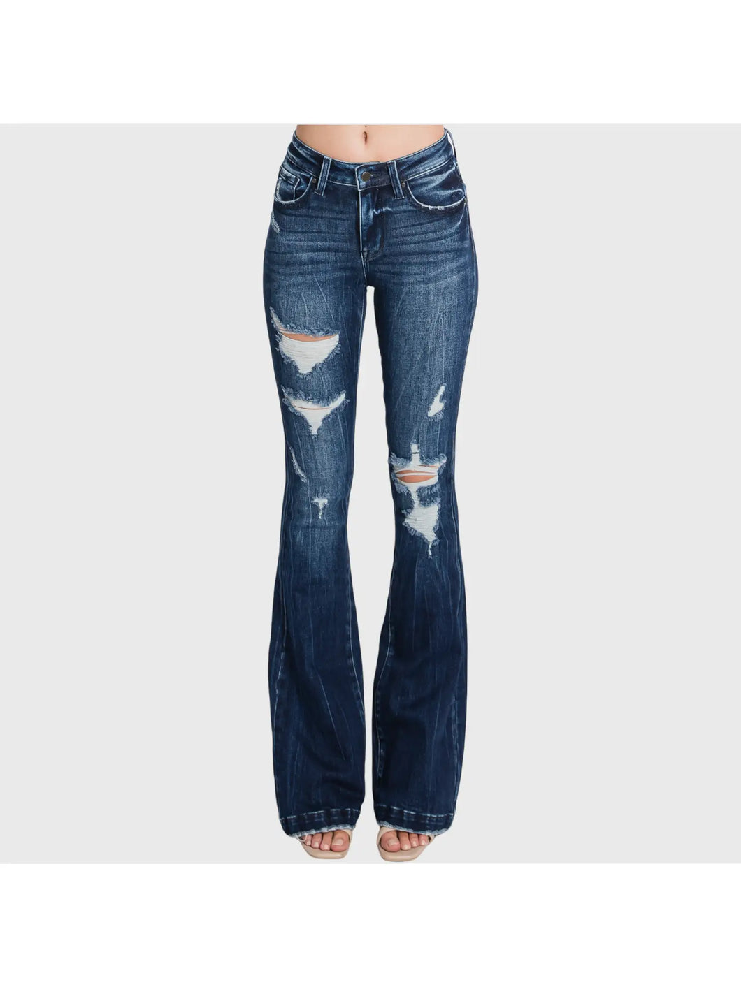 Distressed Mid-Rise Flare Jeans