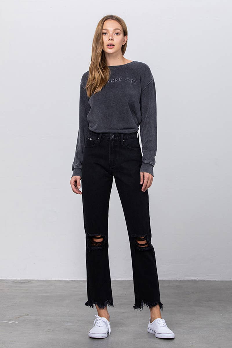Black High Rise Frayed Jeans
